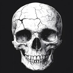 A detailed white human skull rendered on black background