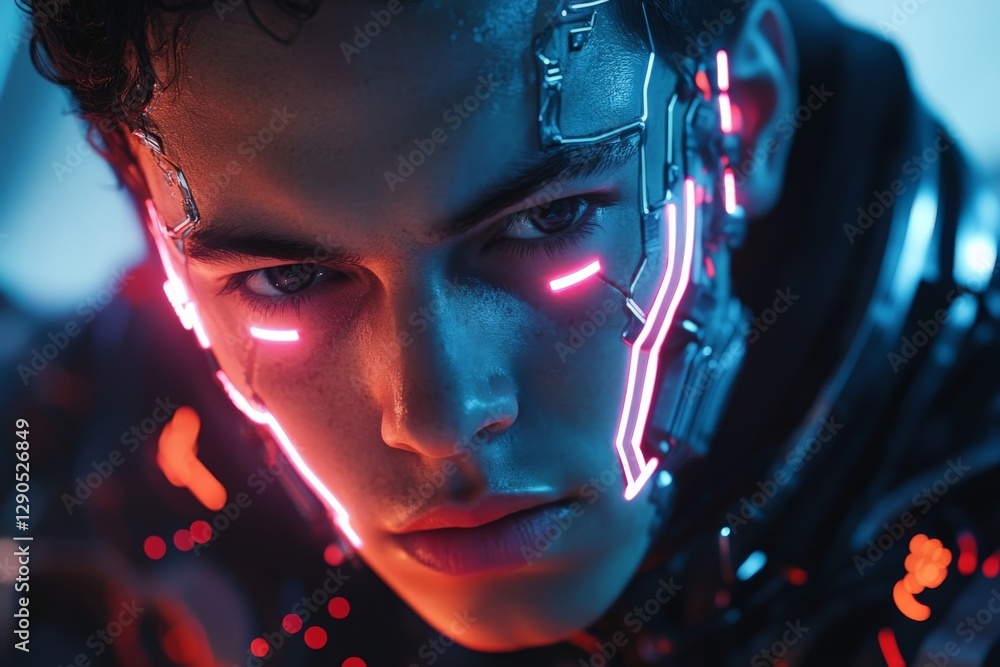 Poster futuristic cybernetic portrait of a youth with glowing elements and intense expression in a vibrant 