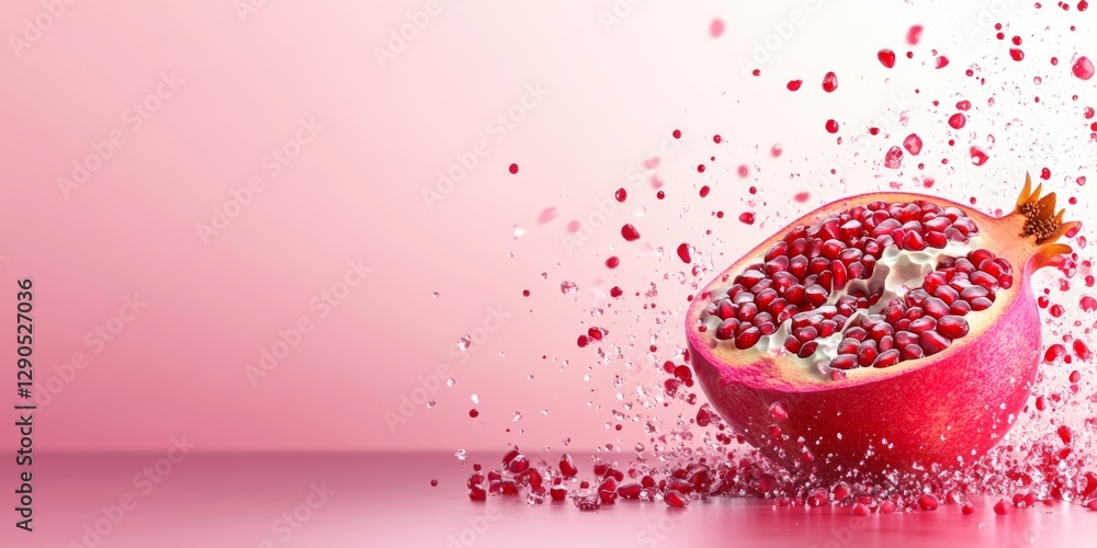 Poster close up of a red pomegranate with a pink background. the pomegranate is sliced open and the seeds a