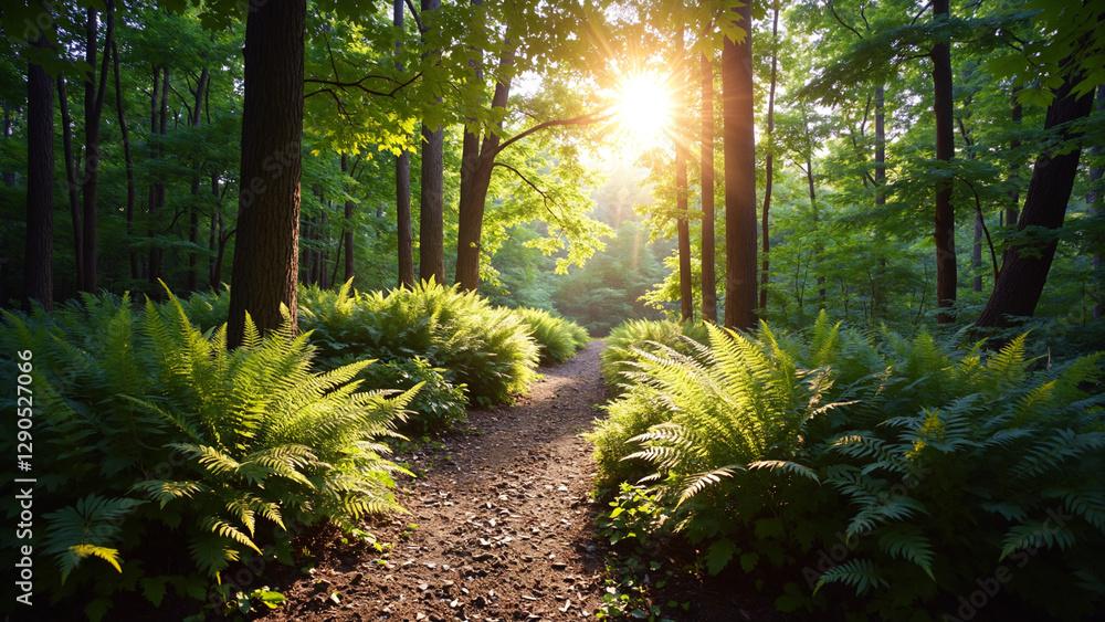Poster sunlit forest path with green ferns and treescape in morning light