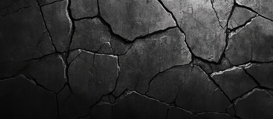 Obraz premium Textured black concrete wall background showcasing prominent cracks and weathered patterns, exuding aged character and depth.