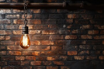 A vintage Edison bulb hangs from a chain against a rustic brick wall, casting a warm glow.