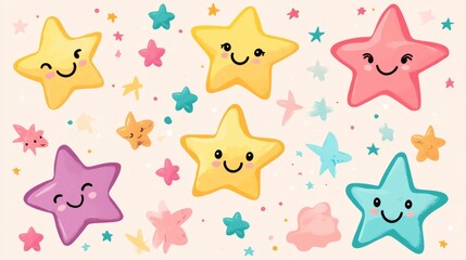 Cute smiling stars and clouds in pastel colors with playful faces