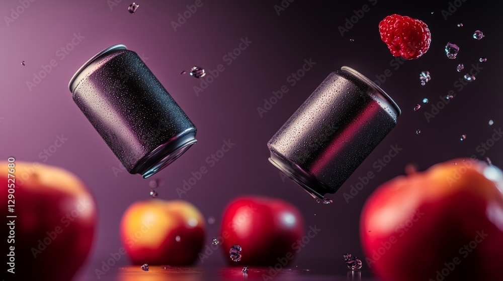 Poster two cans of soda are flying through the air, with a raspberry on top of one of them. the scene is se