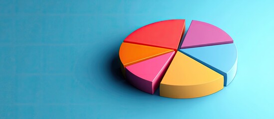 Colorful pie chart on a light blue background showing divided sections in pink, orange, blue, and yellow with ample copy space for business use.