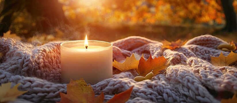 Cozy autumn scene featuring a lit candle on a textured knit blanket surrounded by colorful fallen leaves with warm golden sunlight in the background.