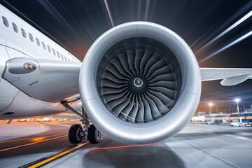 Close-up of a powerful jet engine on a parked airplane at night 