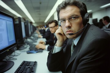Caucasian adult male call center employee in office with headset and computers