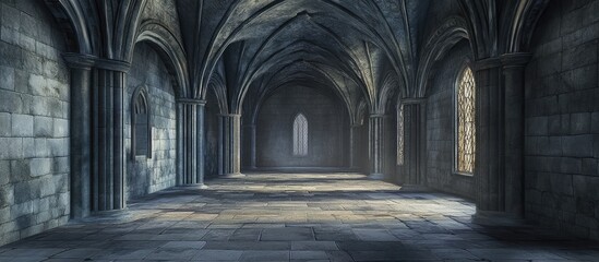 Obraz premium Mysterious ancient stone hall with arched ceilings, dimly lit by windows casting soft light, featuring cool gray tones and vast empty space.