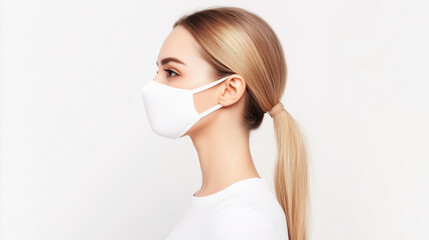 White medical face mask on woman with long hair