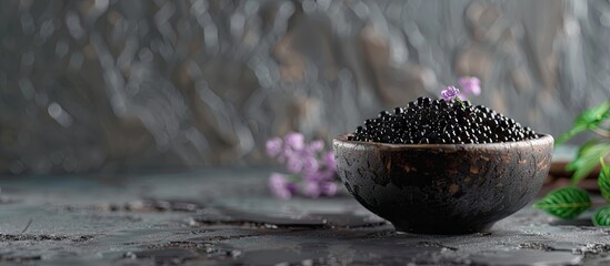 Black lumpfish caviar in a rustic bowl on a dark textured background with purple flowers and green leaves enhancing the gourmet seafood presentation