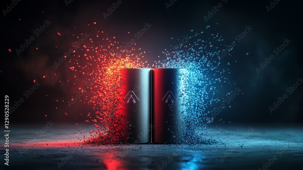 Poster two cans of soda are exploding in a blue and red explosion. the cans are surrounded by a cloud of de
