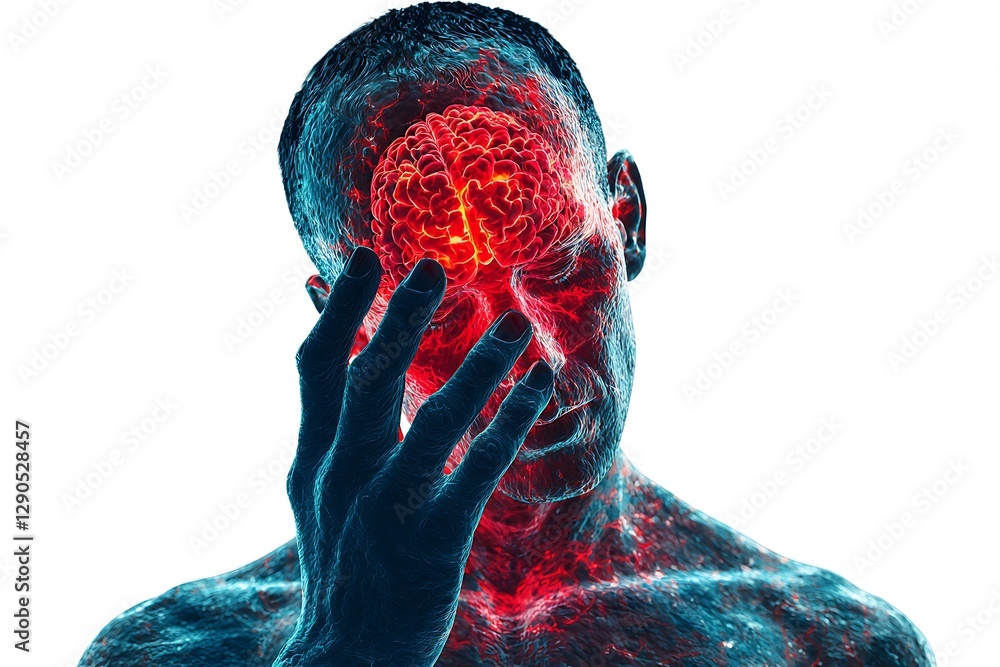 Poster a digital representation of a person with a glowing brain, illustrating a connection between mind an