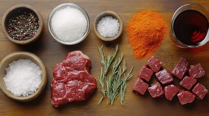 Wooden Board with Beef, Spices, and Wine for Cooking