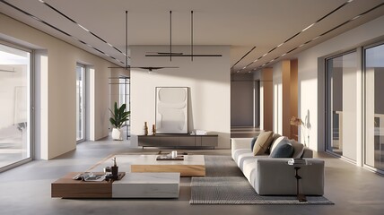 Modern Minimalist Living Room Interior with Neutral Tones and Sleek Wooden Accents 