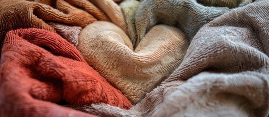 Aged towels in hues of red, orange, beige, and grey arranged in a heart shape on a textured background symbolizing unreciprocated love and imperfections