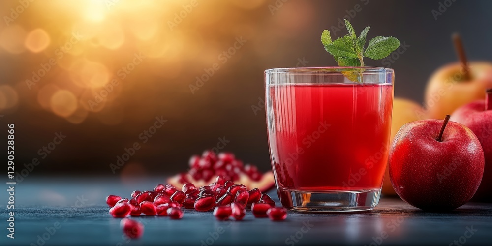 Poster glass of red juice with a green leaf on top sits on a table with a pile of red pomegranates