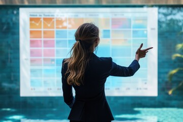 Businesswoman presenting data on a large interactive screen near a pool.