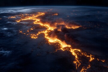 Fototapeta premium Aerial view of molten lava river flowing across cracked earth at night