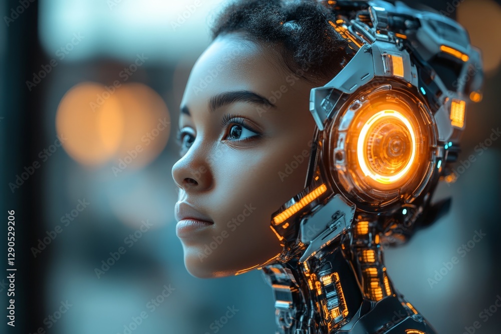 Aufkleber futuristic portrait of a young human-robot hybrid with glowing elements in an urban setting