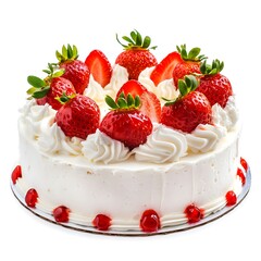 Delicious cake with fresh strawberries and cream on white