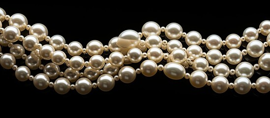 Elegant strands of lustrous white pearls intertwined against a solid black background, showcasing their timeless beauty and luxury.