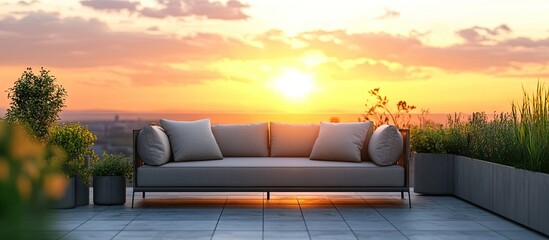 Modern outdoor patio with a gray sofa and decorative pillows, lush green plants, and a vibrant sunset in the background, warm orange and golden hues.