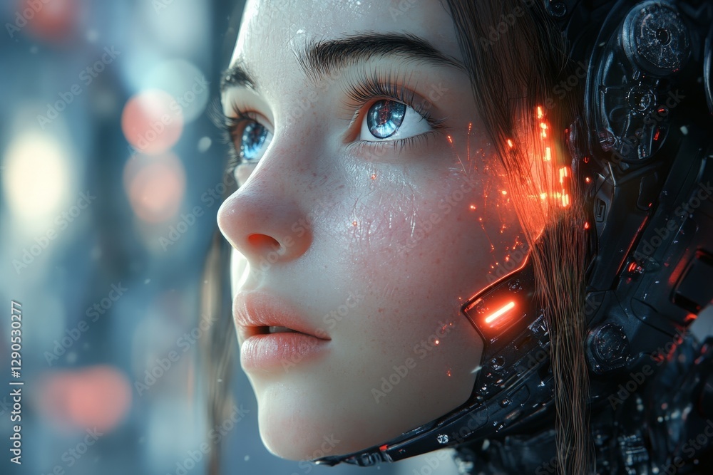 Poster realistic portrait of a futuristic woman with cybernetic enhancements in a high-tech environment