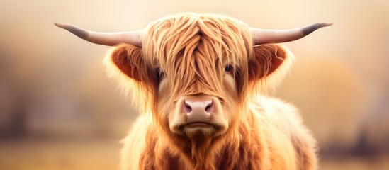 Highland cattle closeup with long golden hair and prominent horns, soft background in warm beige tones, focusing on the animal's expressive face.