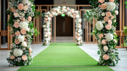 Elegant wedding venue with floral arch and artificial grass aisle