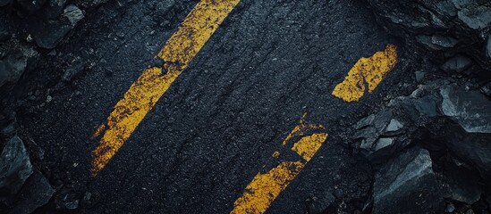 Dark asphalt road with yellow zigzag markings in a birds-eye view, emphasizing cracked and weathered surface textures with a gritty appearance.