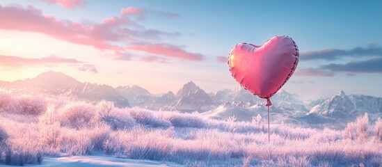 Obraz premium Heart-shaped pink balloon floating above serene snowy landscape with soft pastel colors in the sky creating a whimsical and romantic atmosphere.