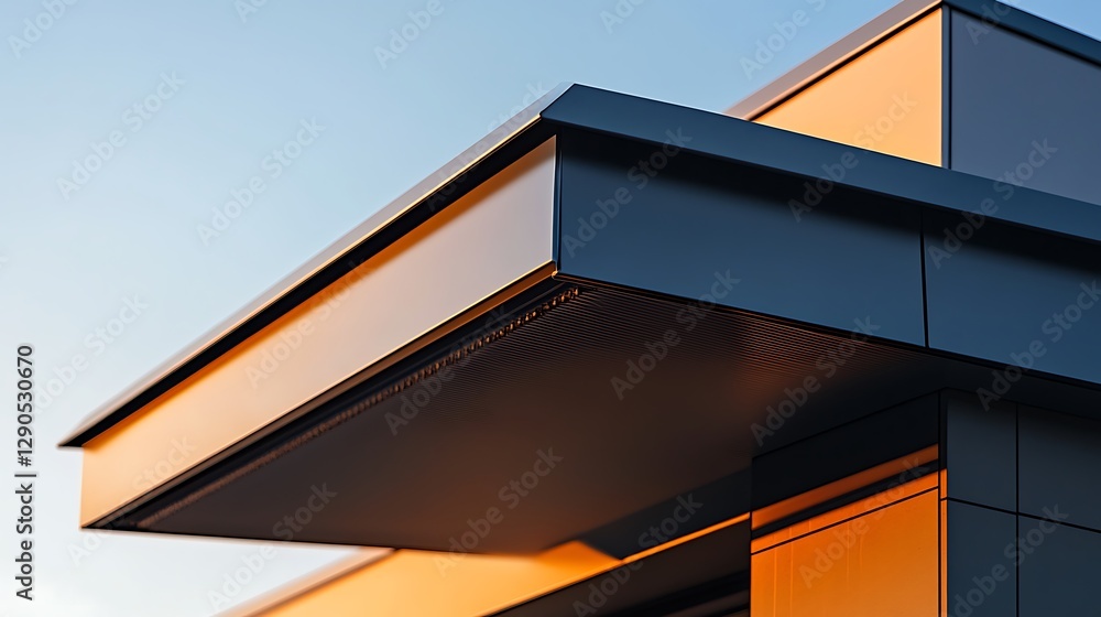Poster modern building exterior with angular design and sunset light reflection
