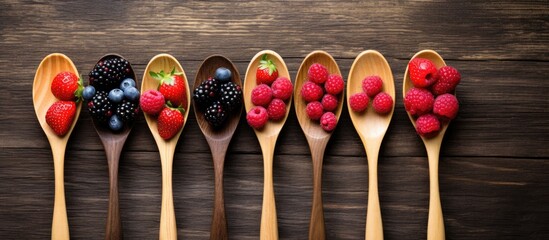 Colorful berries arranged on eight wooden spoons against a dark rustic wooden background, showcasing red raspberries, blackberries, and blueberries.