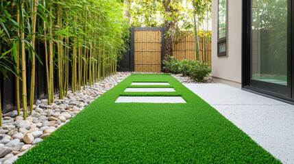 Zen inspired backyard with artificial grass and bamboo plants