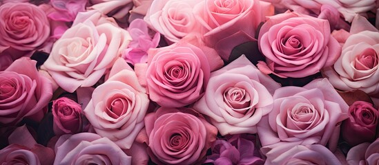 Naklejka premium Blooming pink and soft lavender roses densely packed in a vibrant floral arrangement highlighting their delicate petals and rich textures.