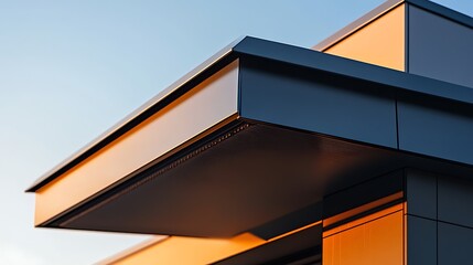 Obraz premium Modern Building Exterior with Angular Design and Sunset Light Reflection