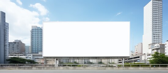 Obraz premium Blank white billboard in foreground with urban skyline of modern residential buildings in background under a bright blue sky and scattered clouds.
