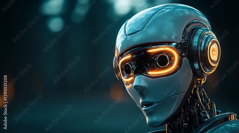 Aufkleber robot with glowing eyes and a pair of headphones on its head. the robot is looking at the camera wit