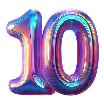 Holographic Number Ten: A vibrant, iridescent digital artwork featuring the number 10 rendered in a futuristic, holographic style.
