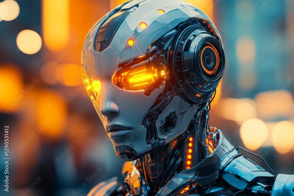 Poster futuristic robot with glowing eyes stands in a bustling urban environment during twilight