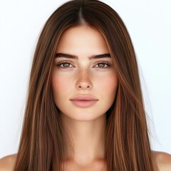 Obraz premium Brunette model with long straight hair, smooth skin, clear features, neutral expression, isolated on white background, showcasing natural beauty.