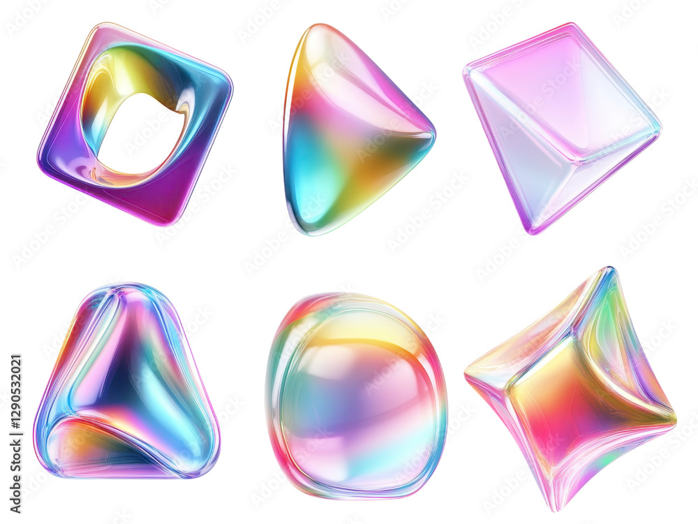 Poster abstract iridescent geometric shapes digital art: a vibrant collection of colorful 3d rendered objec
