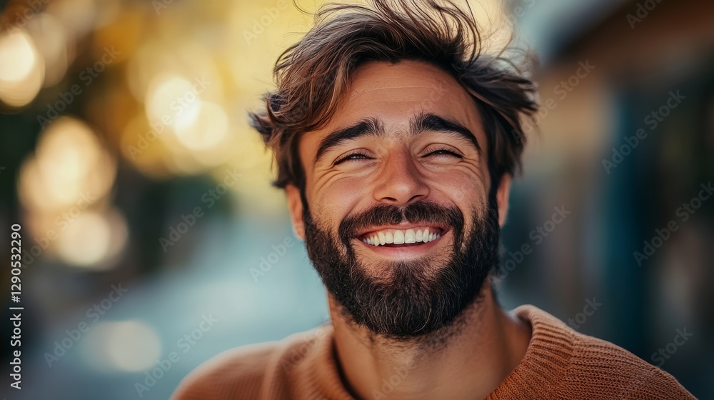 Poster man with a beard is smiling and wearing a brown sweater. he looks happy and content. concept of warm