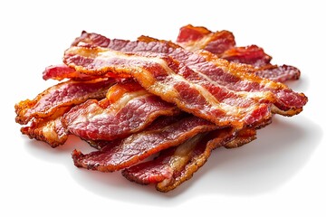 Crispy fried bacon slices arranged on a plate, showcasing golden-brown texture and rich color, ideal for breakfast or gourmet meals, book illustration style