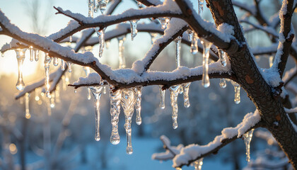 A tree branch covered in icicles begins to thaw, with tiny droplets glistening in the light as they fall from the melting ice.