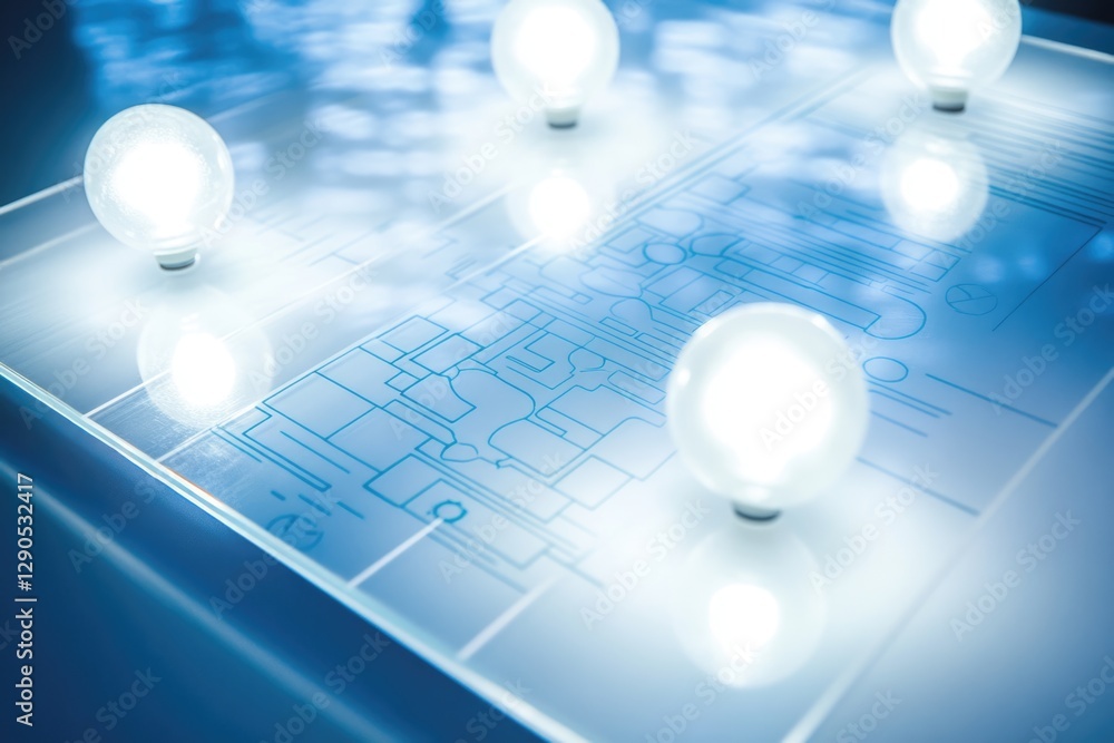 Poster illuminated glass surface displays a blueprint-like diagram, representing a complex system or proces