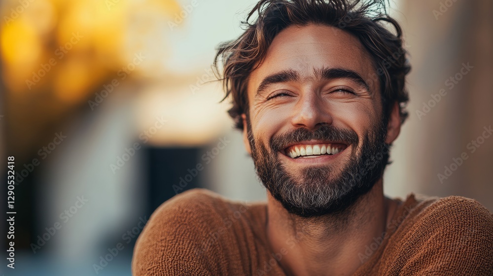 Poster man with a beard and mustache is smiling and wearing a brown sweater. he looks happy and content