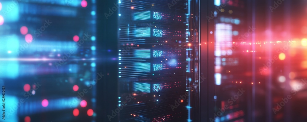 Aufkleber close-up view of fiber optic cables and network interfaces illuminated by blue and red lights in a m