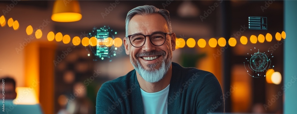 Poster man with glasses is smiling in front of a computer monitor. the computer monitor has a green screen 